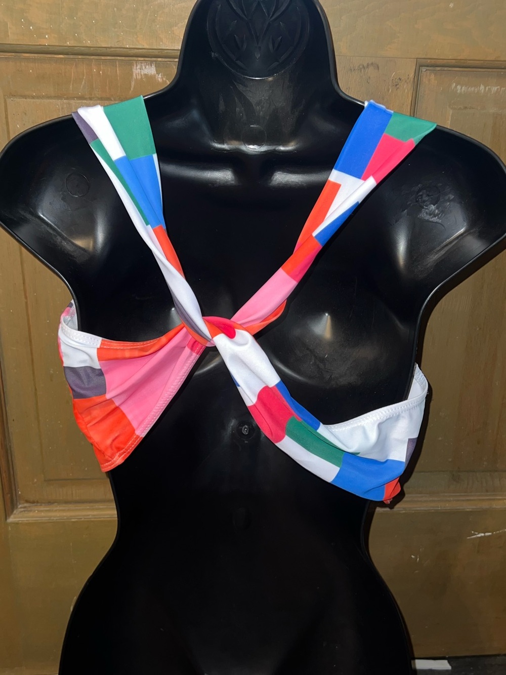 Colorblock Multicolor V Neck Geometric Print Swim Bikini Top Size XL - Picture 3 of 8